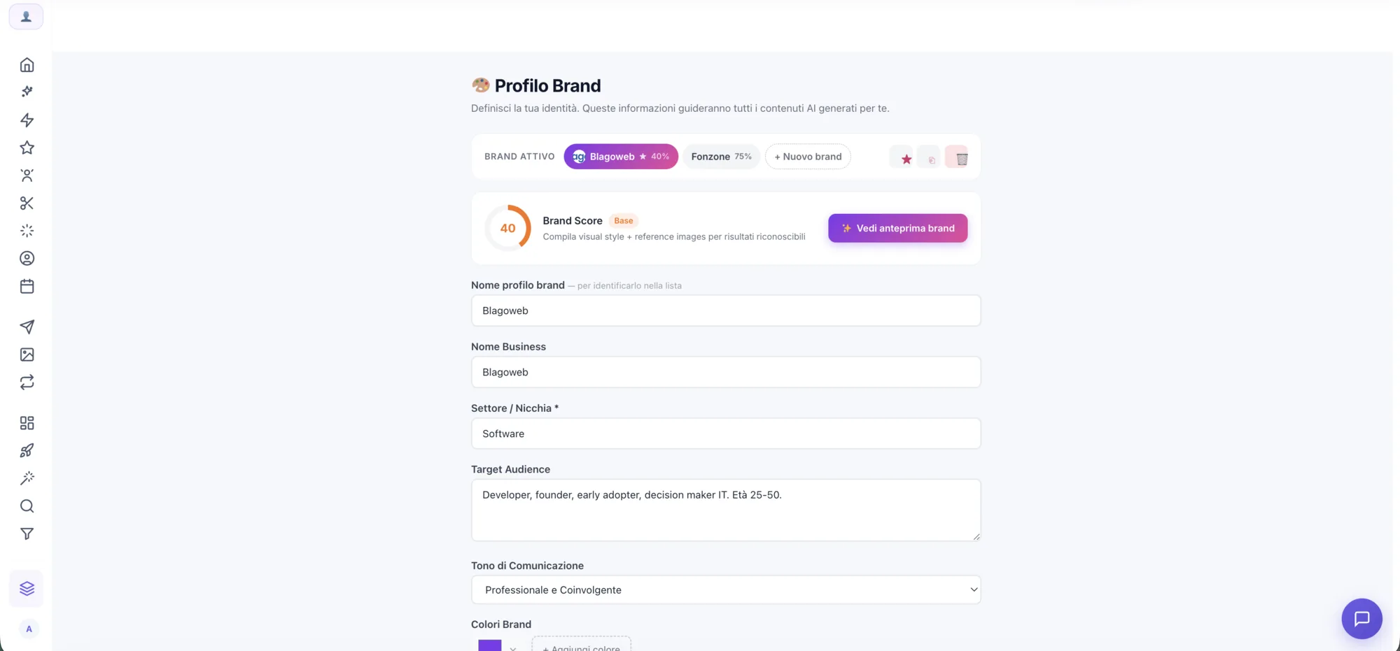 Schermata di Axio: il profilo di brand con settore, pubblico, tono e colori