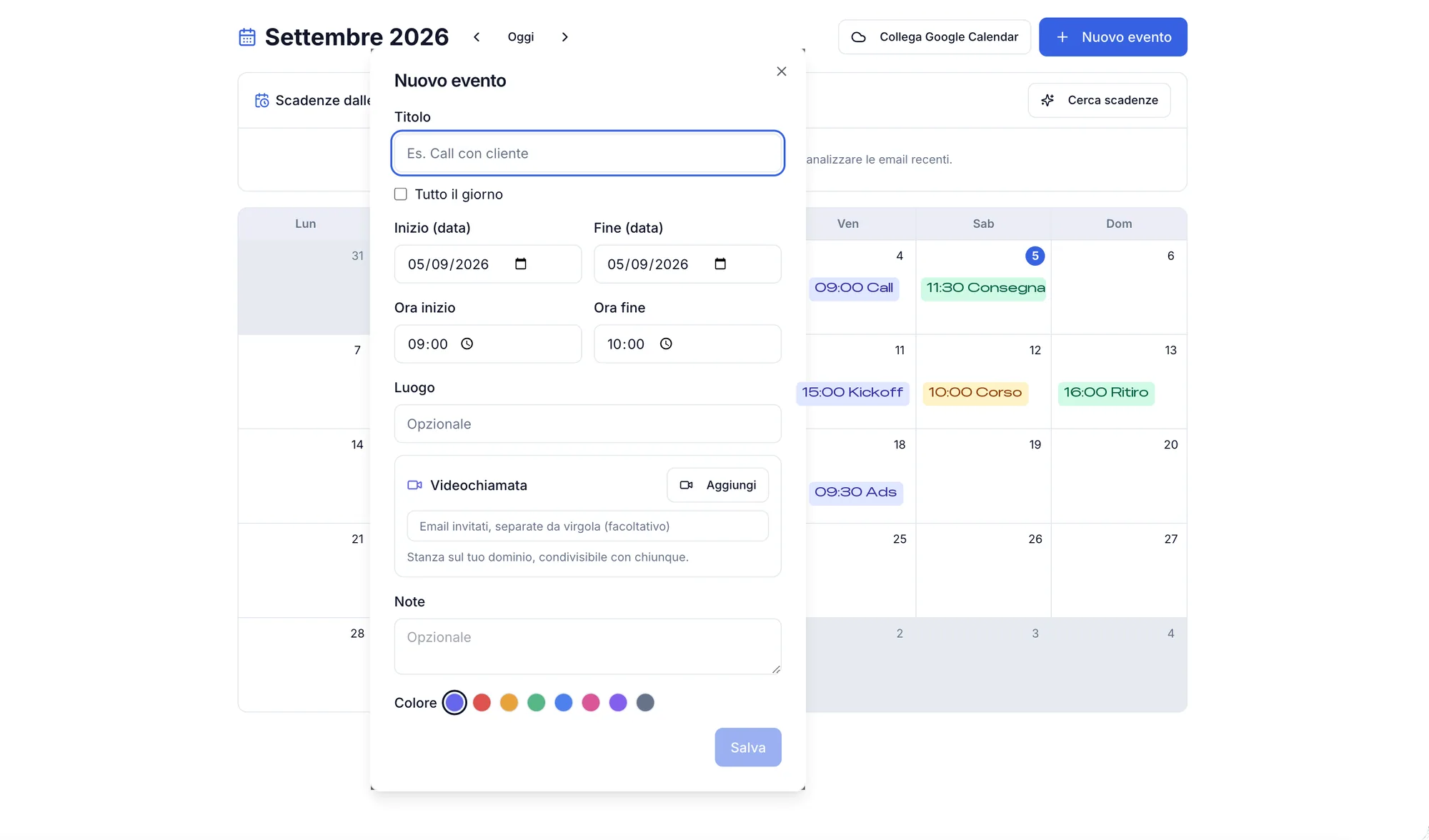 Schermata di Blagomail: il calendario del mese con gli eventi e il modulo per crearne uno nuovo
