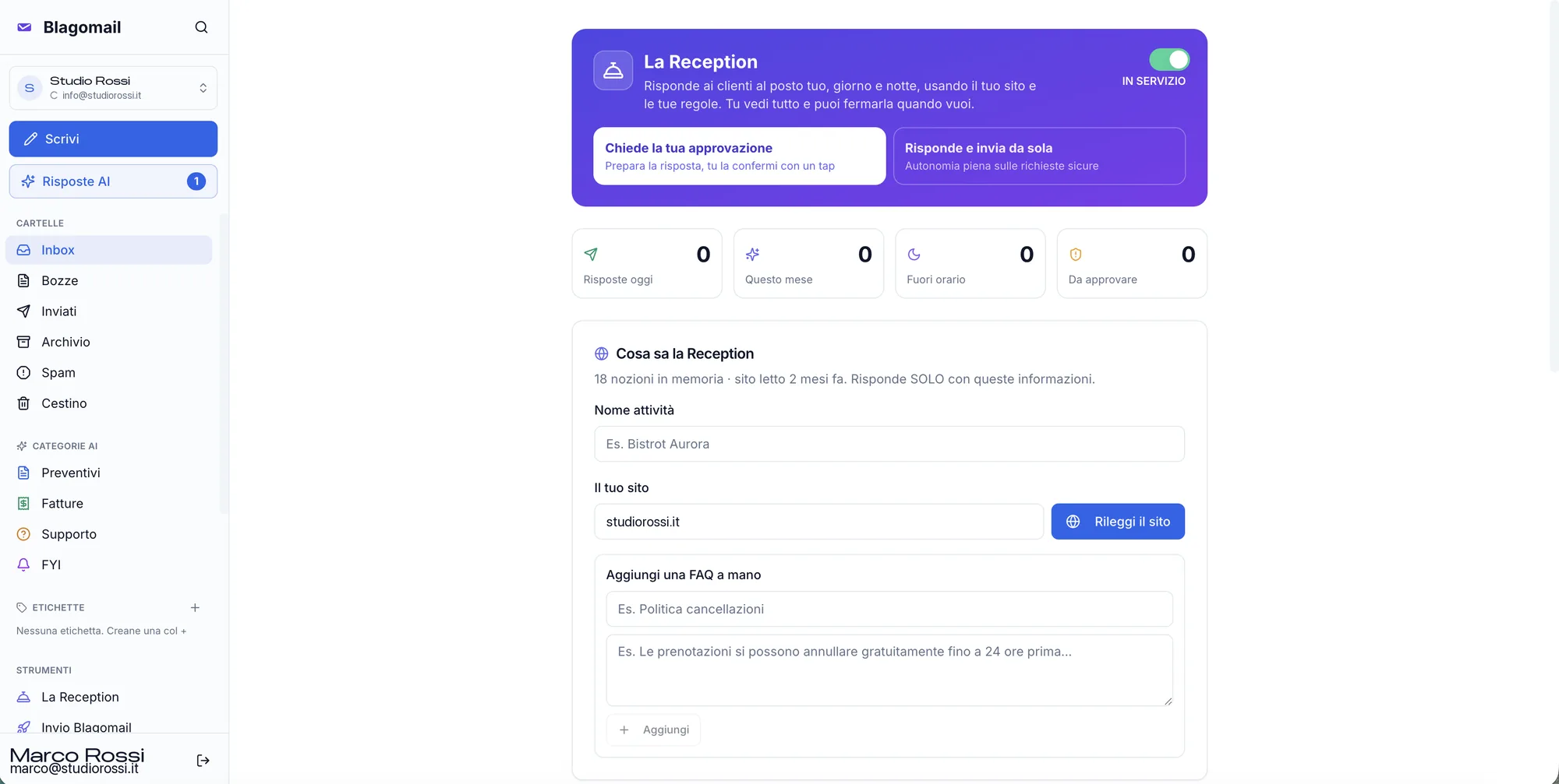 Schermata di Blagomail: La Reception, l’assistente che risponde ai clienti con le informazioni del sito