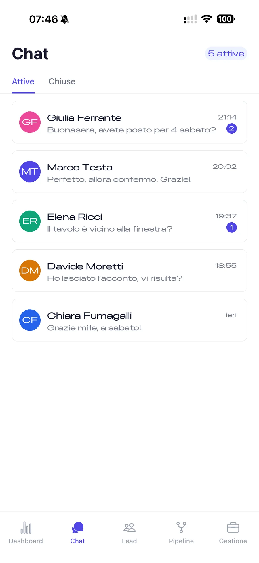 Schermata dell’app Framework: le chat attive con l’ultimo messaggio e i non letti