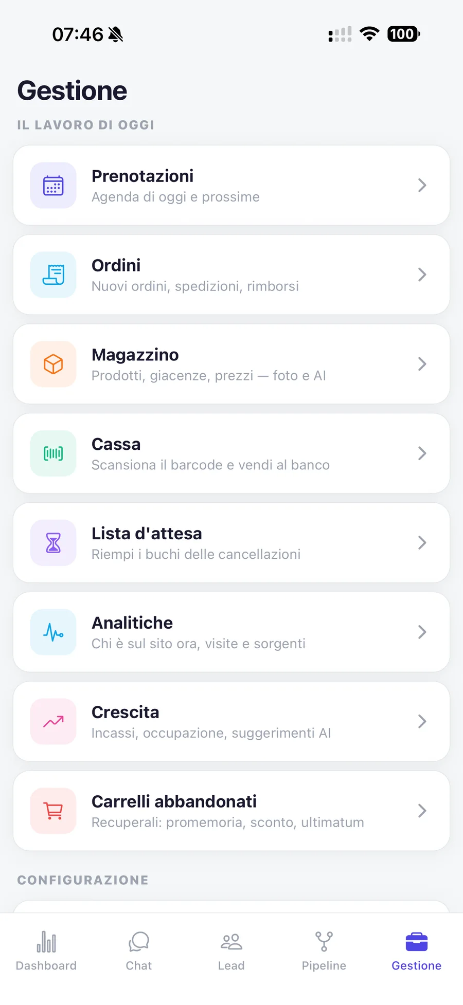 Schermata dell’app Framework: prenotazioni, ordini, magazzino, cassa, lista d’attesa, analitiche, crescita e carrelli abbandonati