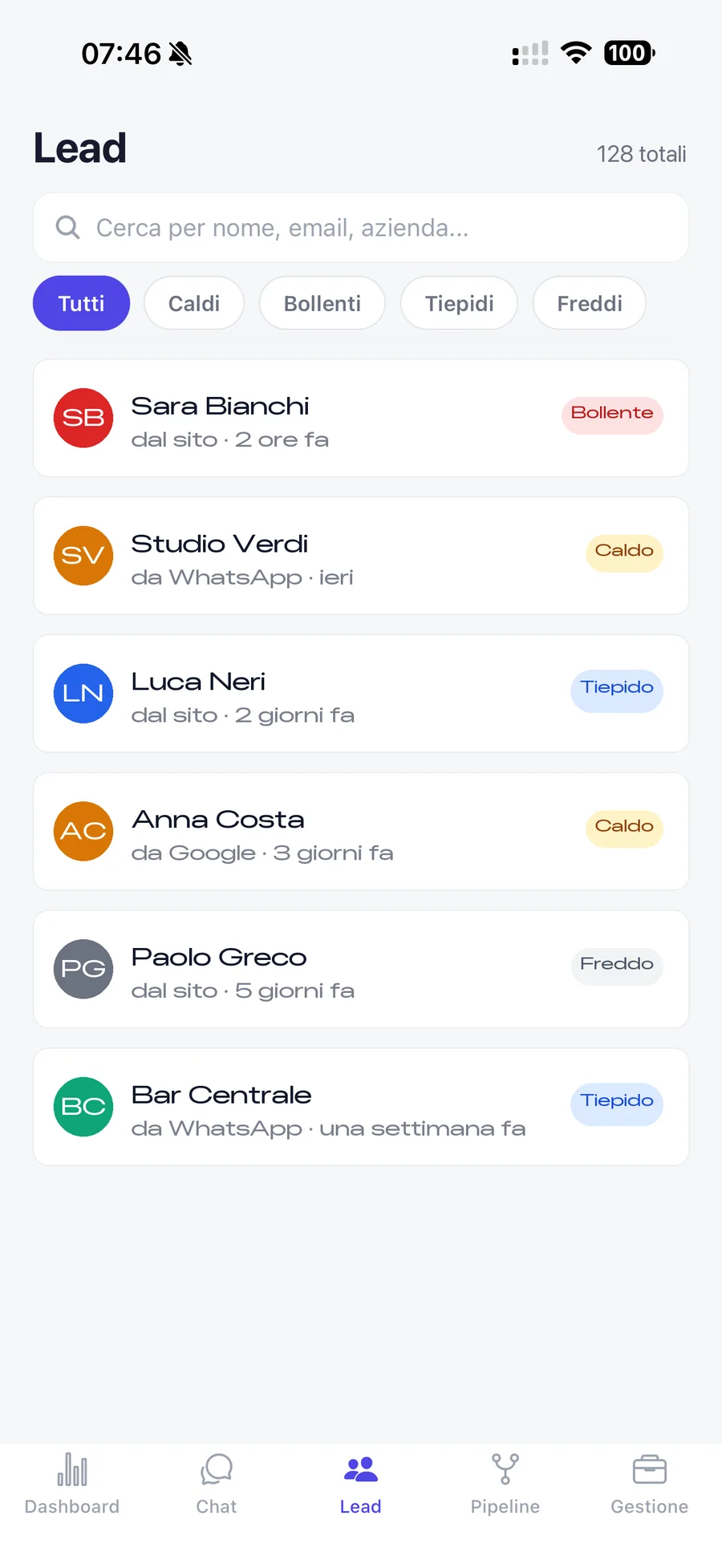 Schermata dell’app Framework: l’elenco dei contatti con la temperatura di ciascuno